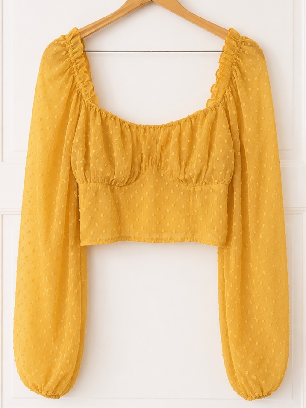 Mustard Yellow Swiss Dot Puff Sleeve Crop Top Size M
